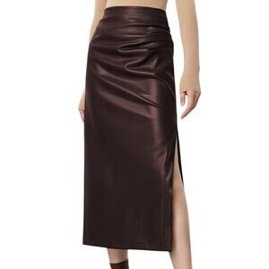 Commense Faux Leather Ruched High Waist Midi Skirt – Brown/Burgundy – Size XL